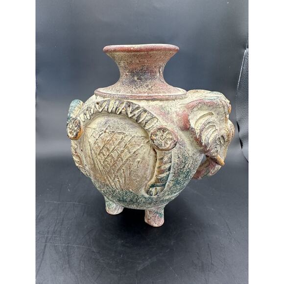 Decorative Terra Cotta Painted Pottery Elephant Vase 7 Inches Brown Green Red - Picture 4 of 9